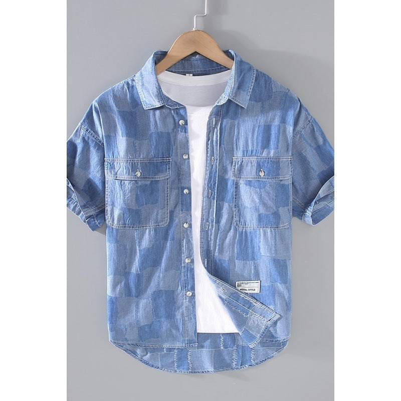 Summer Thin Plaid Men's Denim Printing Short Sleeve