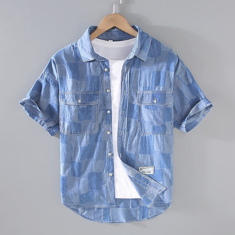 Summer Thin Plaid Men's Denim Printing Short Sleeve